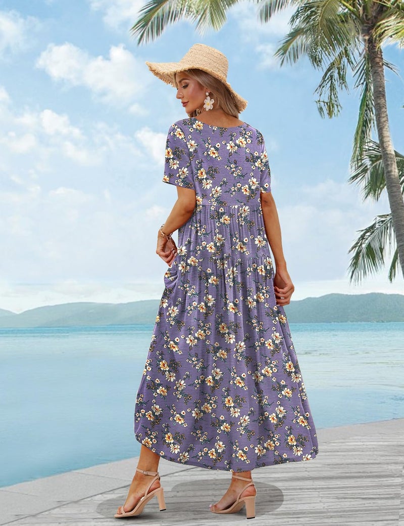 YESNO Women Casual Loose Bohemian Floral Dress with Pockets Short Sleeve Long Maxi Summer Beach Swing Dress 3XL EJF CR08 Purple - Image 4